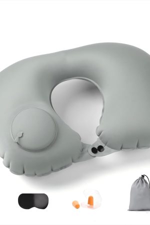 Adjustable Inflatable Neck Pillow - U-Shaped, Portable, with Eye Mask, Earplugs & Carry Bag, Rock Grey