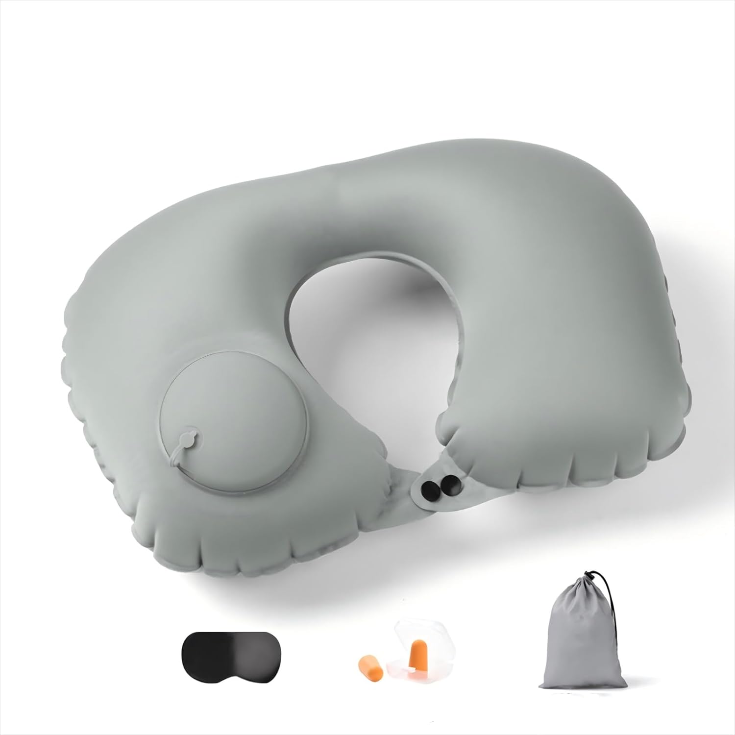 Adjustable Inflatable Neck Pillow - U-Shaped, Portable, with Eye Mask, Earplugs & Carry Bag, Rock Grey