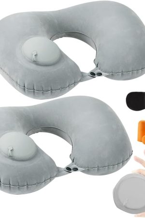 2 Pack Inflatable Neck Pillow - Adjustable, Portable, Fast Inflate, U-Shaped, with Eye Mask, Earplugs & Bag, Grey