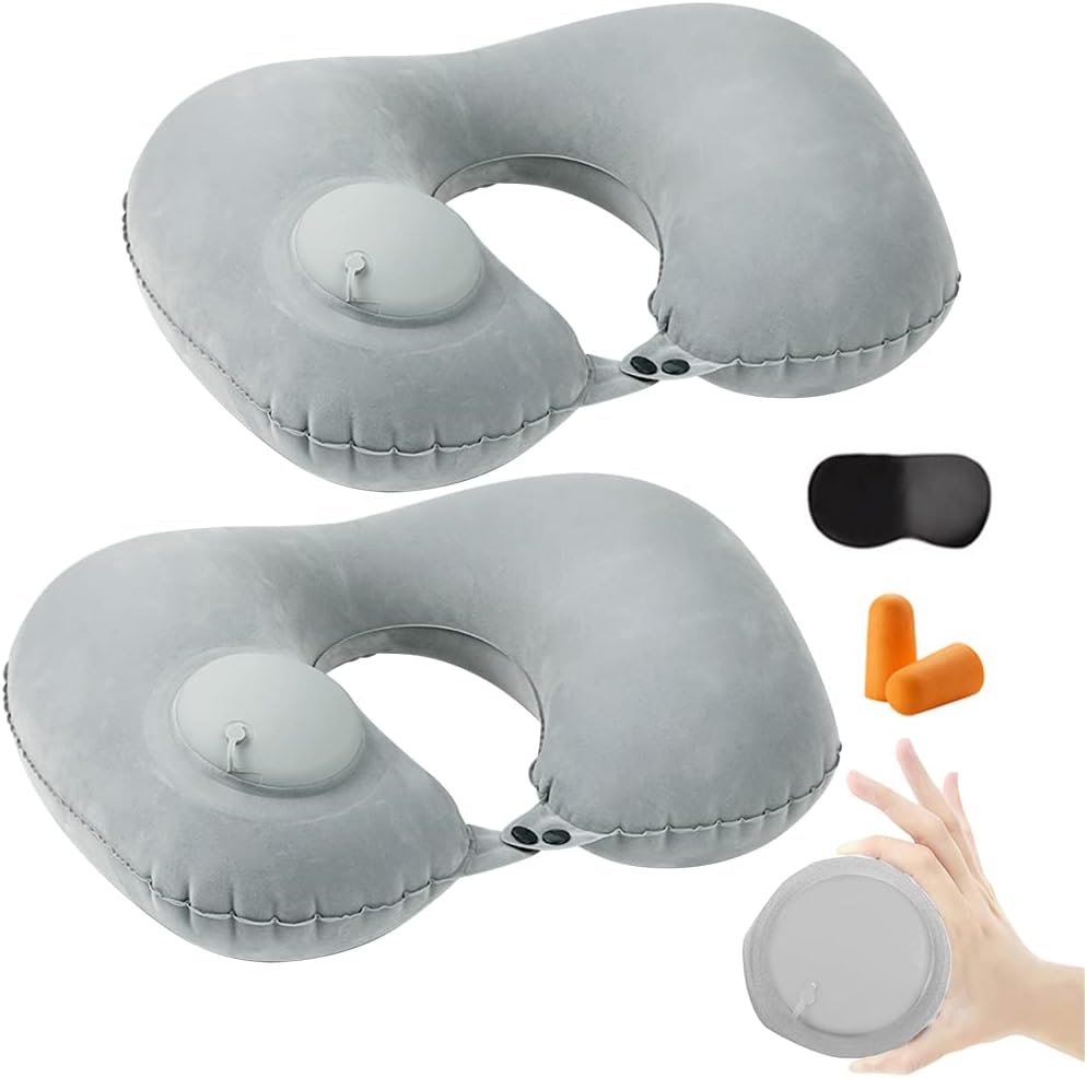 2 Pack Inflatable Neck Pillow - Adjustable, Portable, Fast Inflate, U-Shaped, with Eye Mask, Earplugs & Bag, Grey