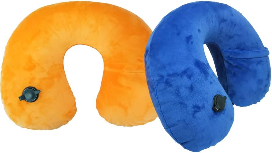 2 Pack Inflatable Neck Pillow - Washable Crystal Velvet Cover, Ultralight for Airplane, Car, Office, U-Shaped Ergonomic, Orange Red & Royal Blue