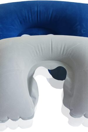 2 Pack U-Shaped Inflatable Neck Pillow - Flocked Fabric, Light for Airplanes & Home, Grey & Jewel Blue