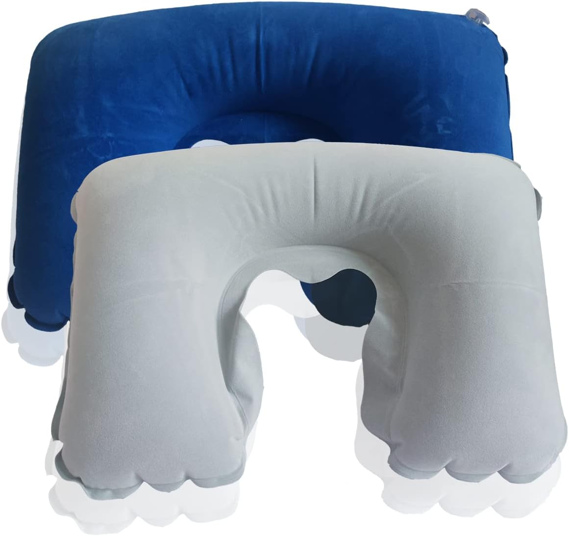 2 Pack U-Shaped Inflatable Neck Pillow - Flocked Fabric, Light for Airplanes & Home, Grey & Jewel Blue