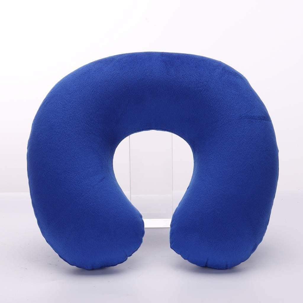 Short Plush Inflatable Neck Pillow - PVC Core, Outdoor Travel U-Shaped, Compact & Light, Blue