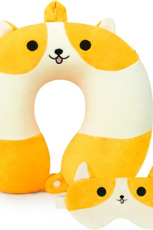 Cartoon Travel Neck Pillow for Kids - Memory Foam Cute Corgi with Sleep Eye Mask, for Airplane & Car, Boys & Girls, Teens