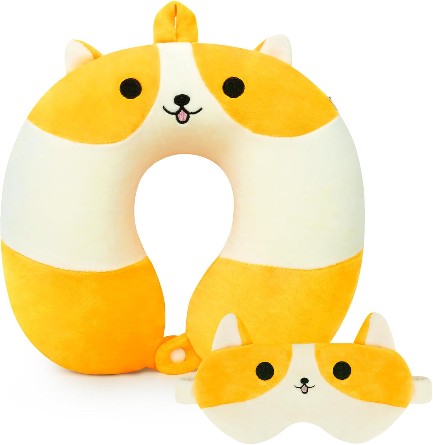 Cartoon Travel Neck Pillow for Kids - Memory Foam Cute Corgi with Sleep Eye Mask, for Airplane & Car, Boys & Girls, Teens