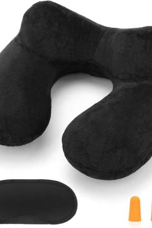 Inflatable Neck Pillow for Airplane - with Soft Velvet Washable Cover, for Sleeping on Train, Car, Office, plus Contoured Eye Mask & Earplugs