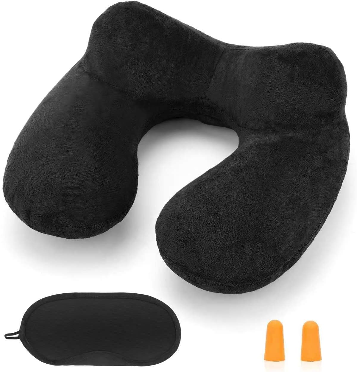 Inflatable Neck Pillow for Airplane - with Soft Velvet Washable Cover, for Sleeping on Train, Car, Office, plus Contoured Eye Mask & Earplugs