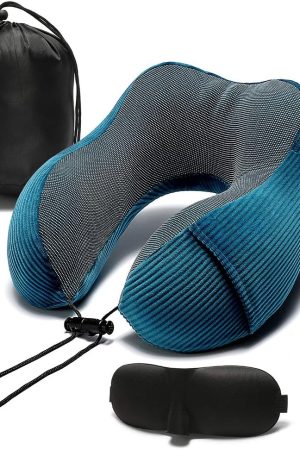 Memory Foam Neck Pillow - 360?? Head Support, Lightweight, with Storage Bag for Travel, Car, Train, Bus & Home, Blue