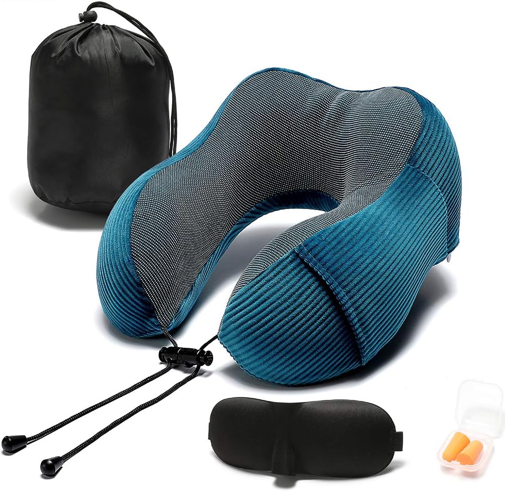 Memory Foam Neck Pillow - 360?? Head Support, Lightweight, with Storage Bag for Travel, Car, Train, Bus & Home, Blue