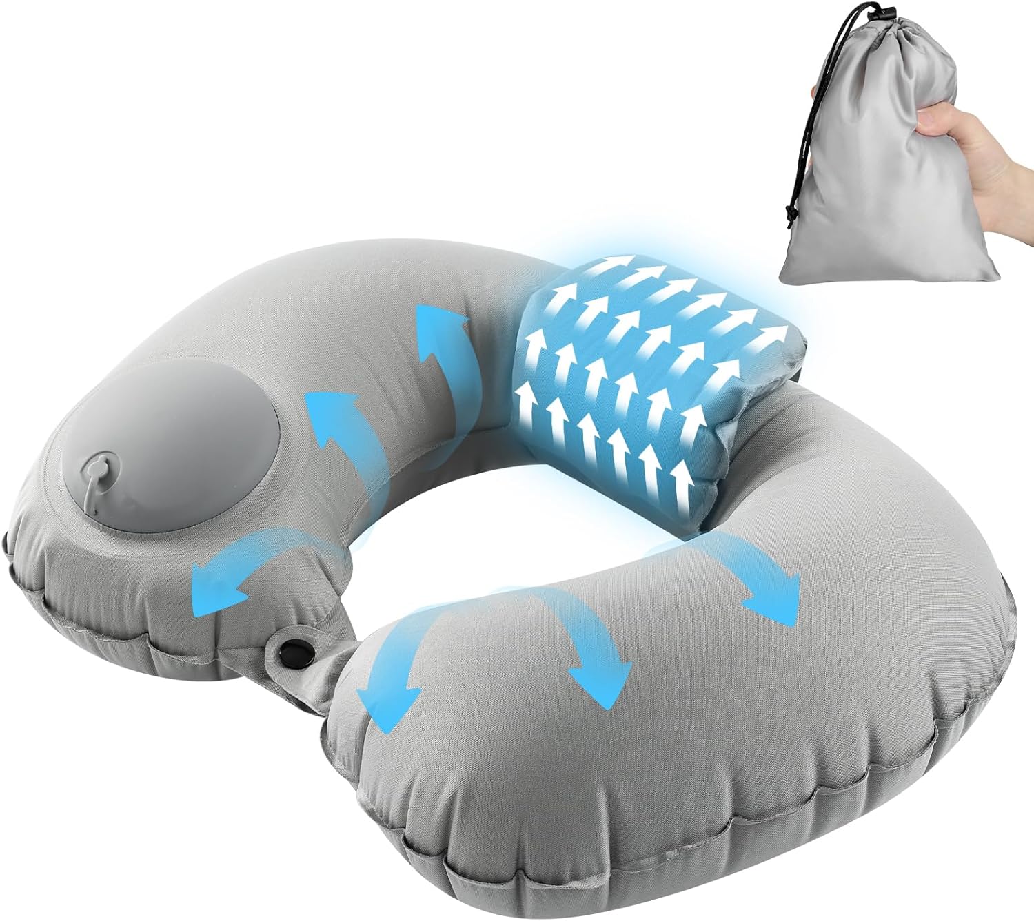 Inflatable Travel Neck Pillow - Pump Type, U-Shaped, Double Valve, Portable, with Storage Pouch