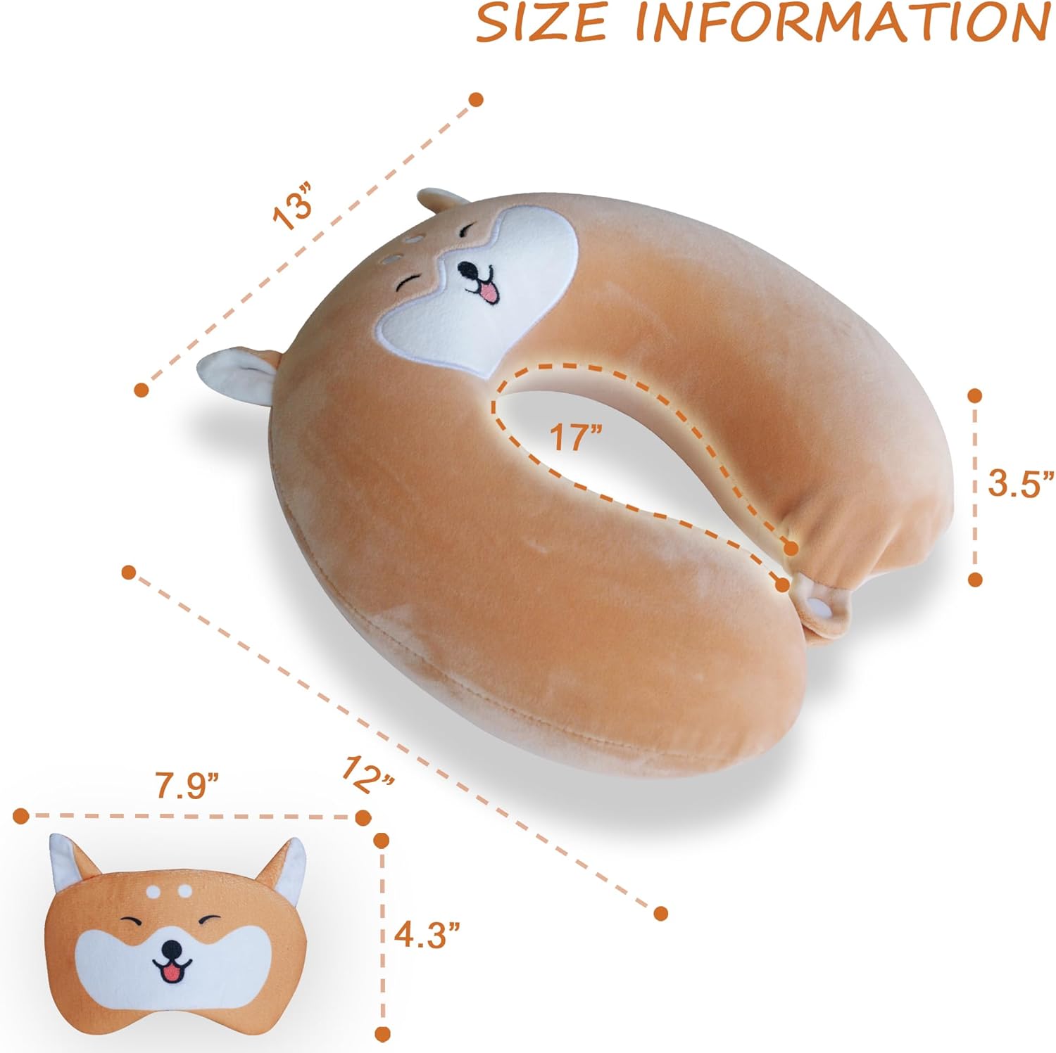 Cute Travel Neck Pillow with Sleep Eye Mask - Cartoon Headrest, Memory Foam, Yellow Corgi, for Kids, Teens, Airplane & Car - Image 2