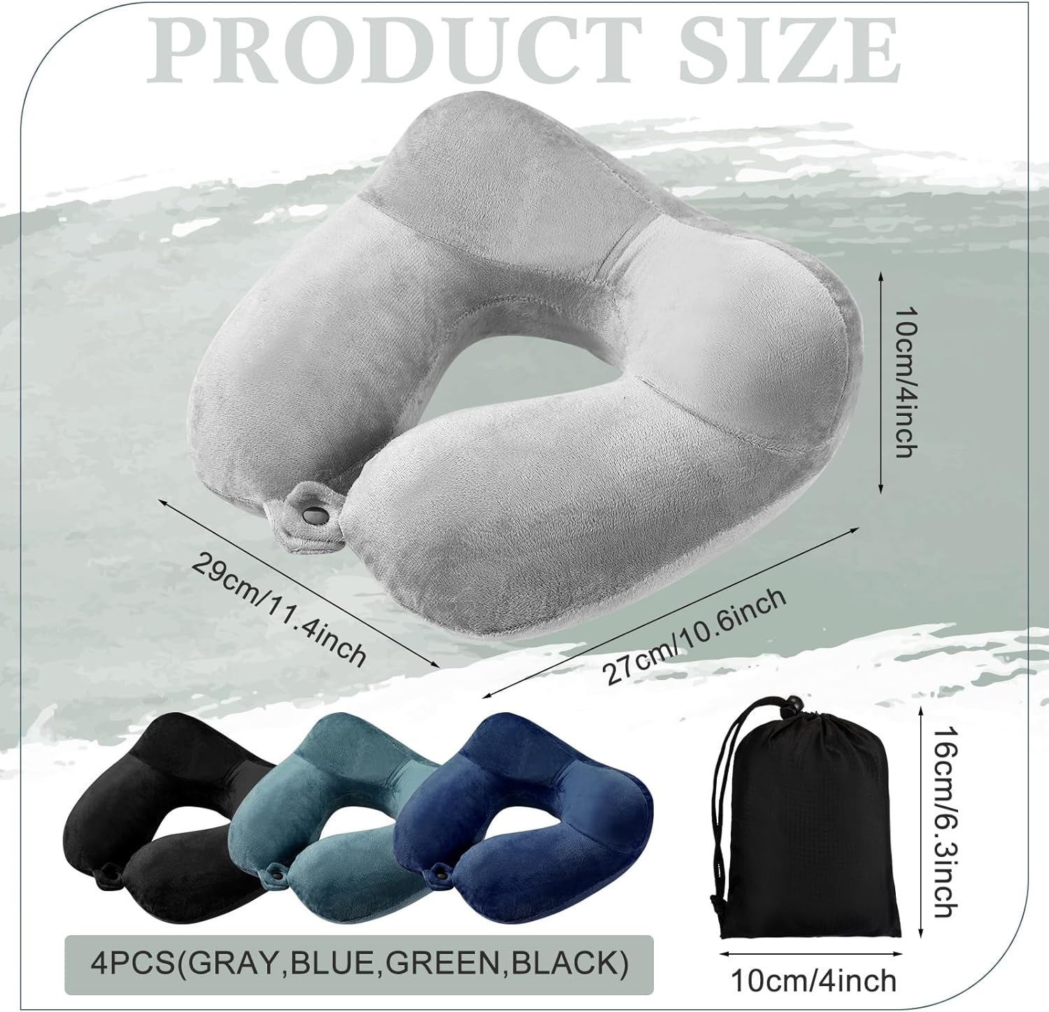 4 Sets Inflatable Neck Pillow for Airplanes - with Compact Bag & Blindfold, Velvet, U-Shaped, Multi Colour, 12 x 12 x 5.5 Inch - Image 2