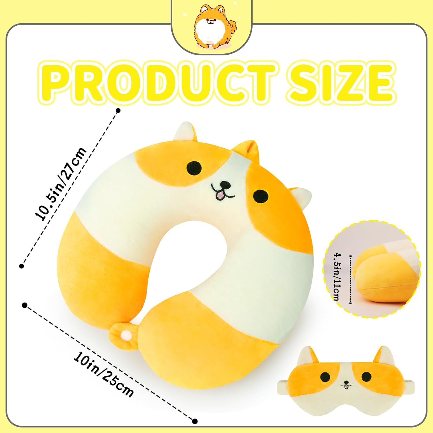 Cartoon Travel Neck Pillow for Kids - Memory Foam Cute Corgi with Sleep Eye Mask, for Airplane & Car, Boys & Girls, Teens - Image 2