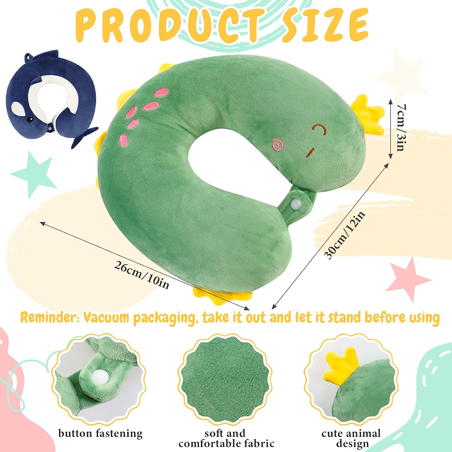 2 Pack U-Shaped Neck Pillow - Soft Neck, Head & Chin Support, Dinosaur & Shark Design for Airplane & Car - Image 2