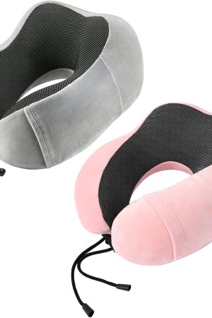 2 Pack Memory Foam Neck Pillow - Soft & Supportive for Travel, Sleeping, Car, Train & Home, Grey & Pink