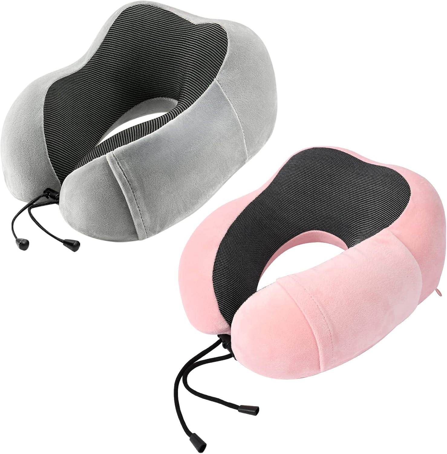 2 Pack Memory Foam Neck Pillow - Soft & Supportive for Travel, Sleeping, Car, Train & Home, Grey & Pink