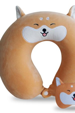 Cute Travel Neck Pillow with Sleep Eye Mask - Cartoon Headrest, Memory Foam, Yellow Corgi, for Kids, Teens, Airplane & Car