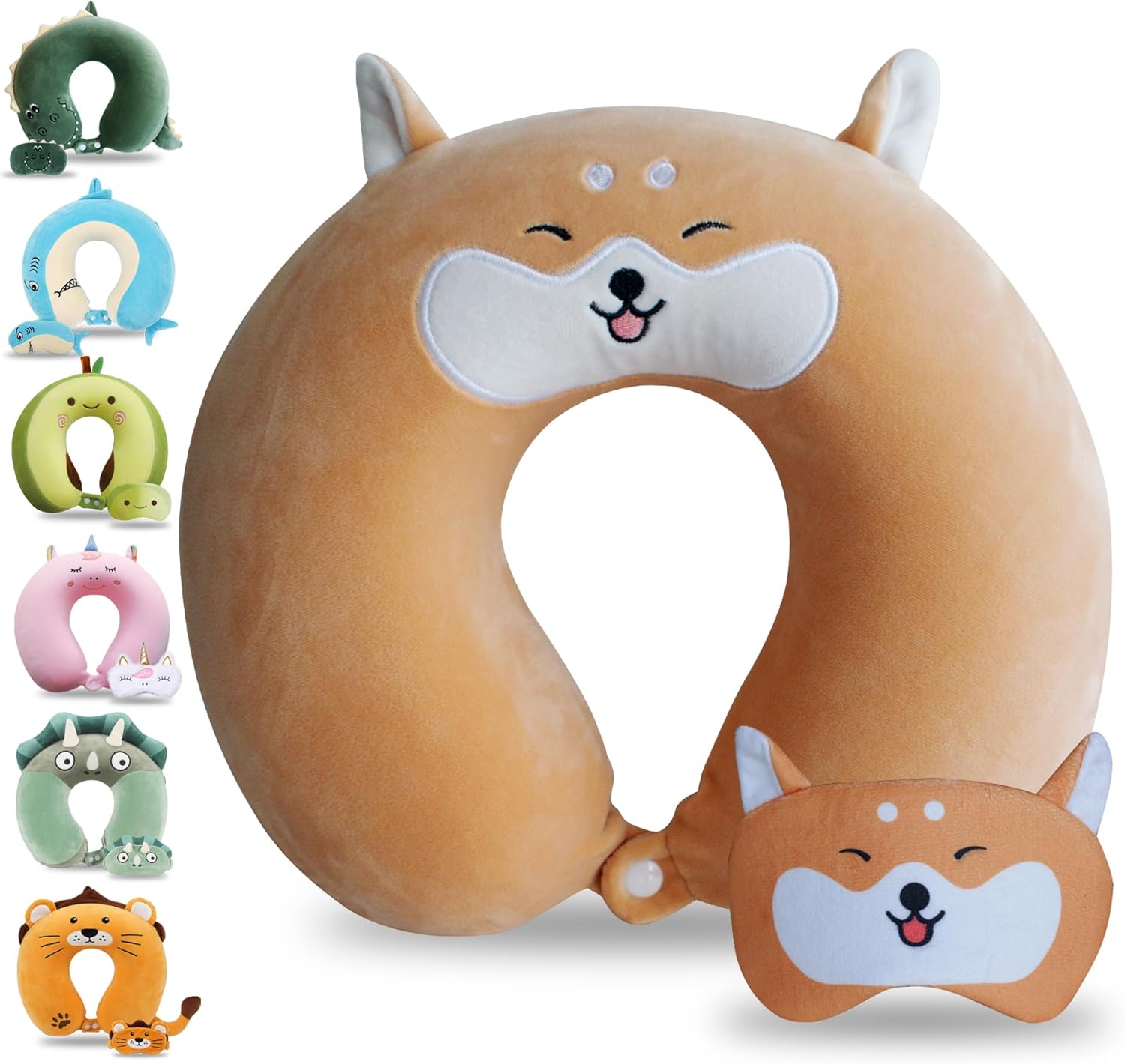 Cute Travel Neck Pillow with Sleep Eye Mask - Cartoon Headrest, Memory Foam, Yellow Corgi, for Kids, Teens, Airplane & Car