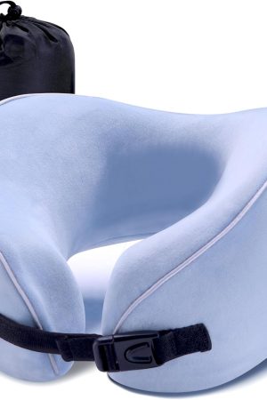 Memory Foam Neck Pillow for Airplane - Enhanced Chin Support & Adjustable Buckle, for Long Flights, Blue