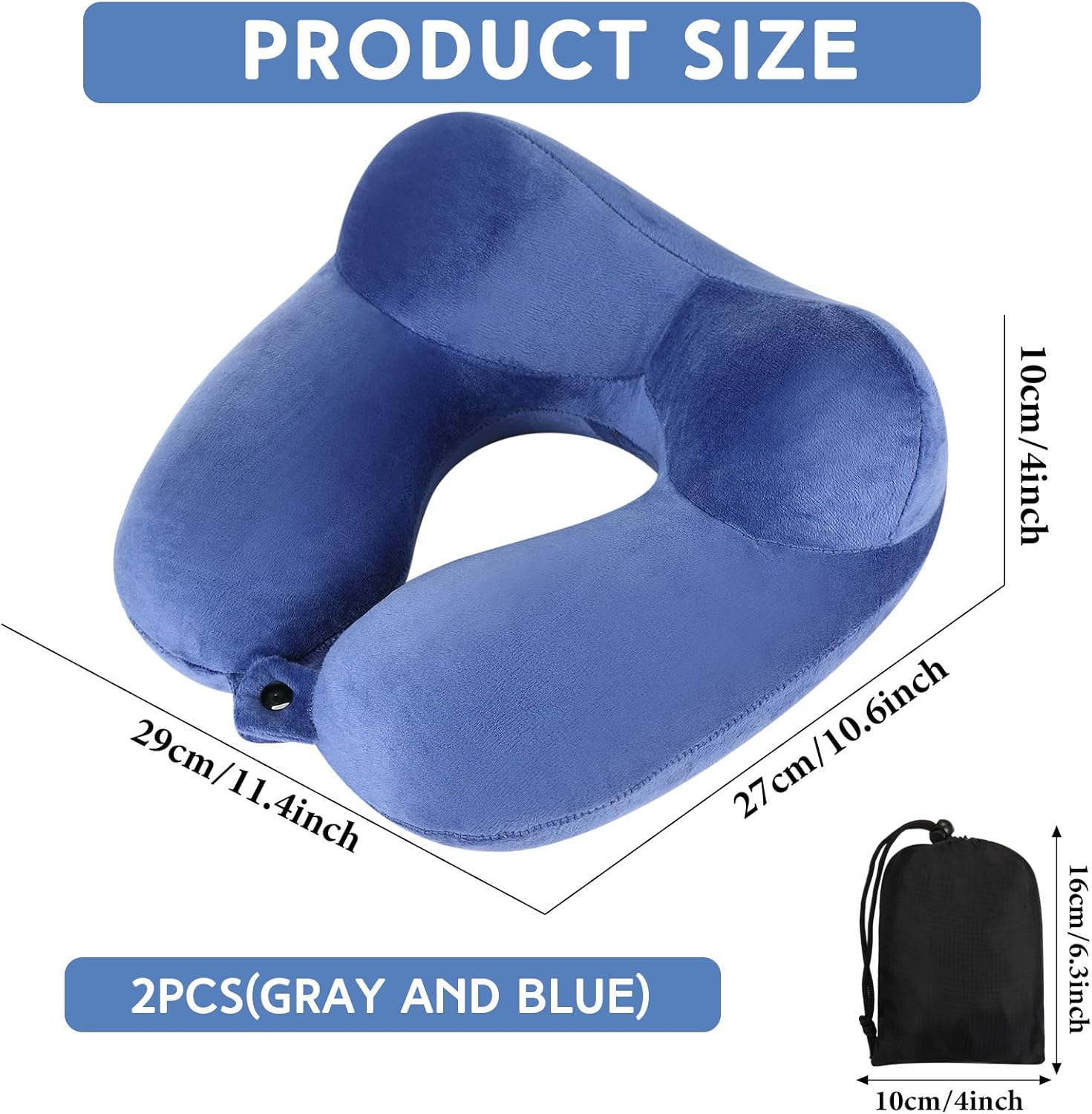 2 Pack Inflatable Neck Pillow - with Compact Bag & Blindfold, Velvet, Washable, for Airplanes & Car Travel, Grey & Blue, Kids & Adults - Image 2