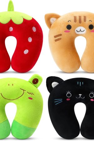 4 Pack Travel Neck Pillow for Kids - Cute Animal U-Shaped, Soft PP Cotton, Chin Support, for Airplane Sleeping, Children Gift