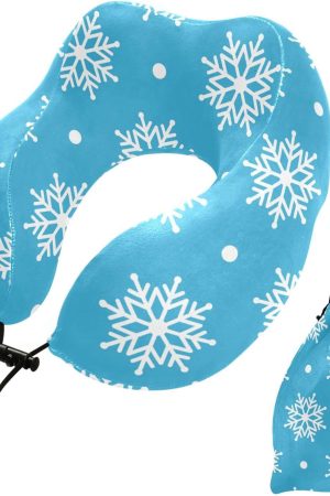 White Snowflakes Travel Neck Pillow - Memory Foam Head Support, Soft for Sleeping on Airplane, Car & Home