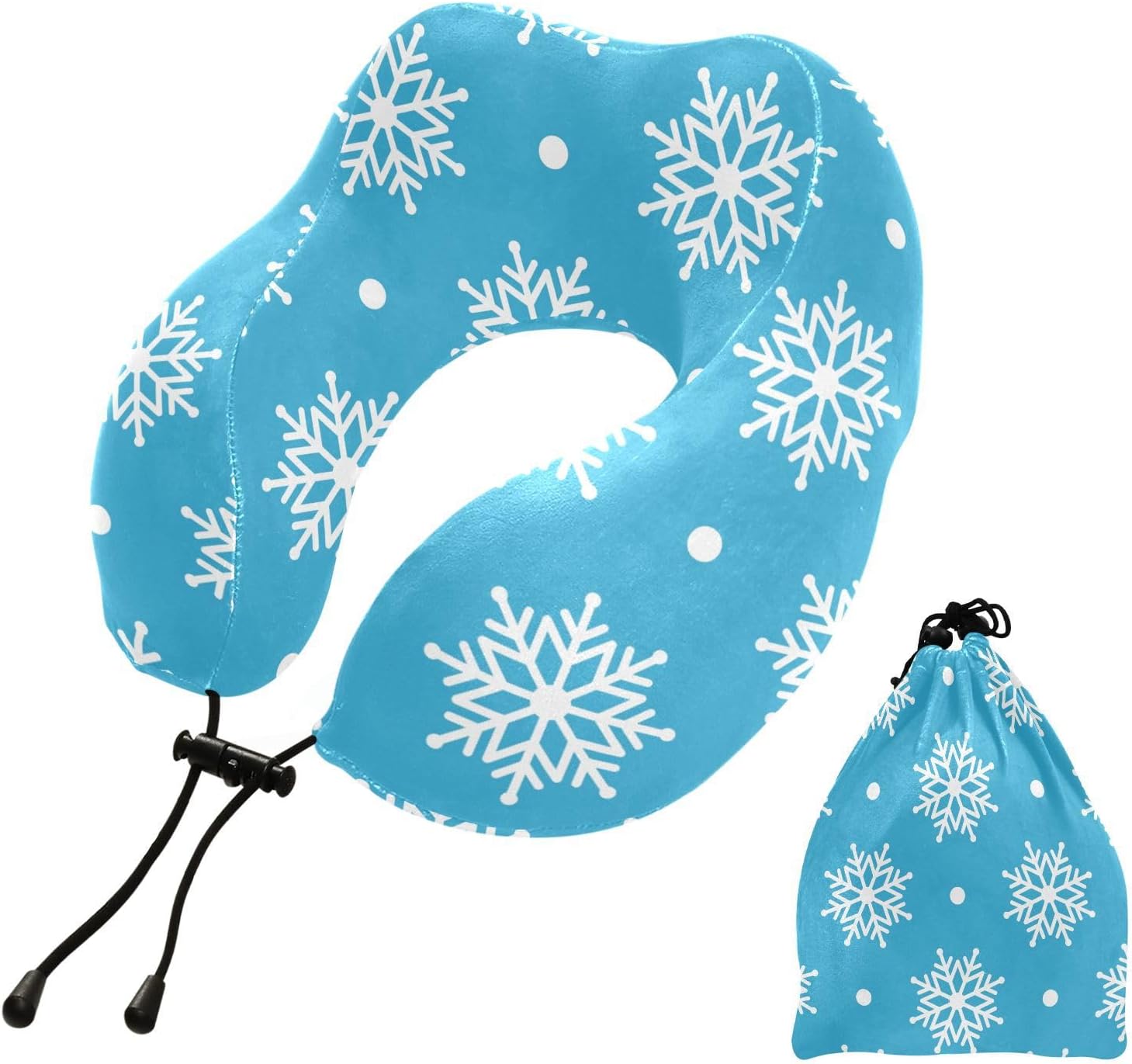 White Snowflakes Travel Neck Pillow - Memory Foam Head Support, Soft for Sleeping on Airplane, Car & Home