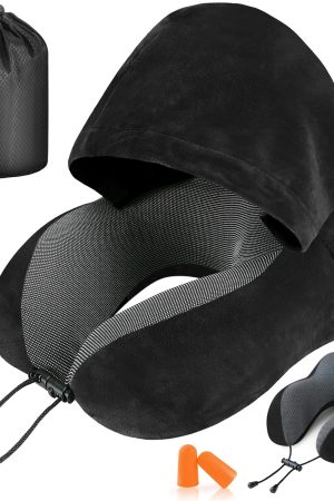 Neck Pillow with Hood for Travel - Velvet Memory Foam, Adult Head & Neck Support, for Long Flights, Office, Cars, Black