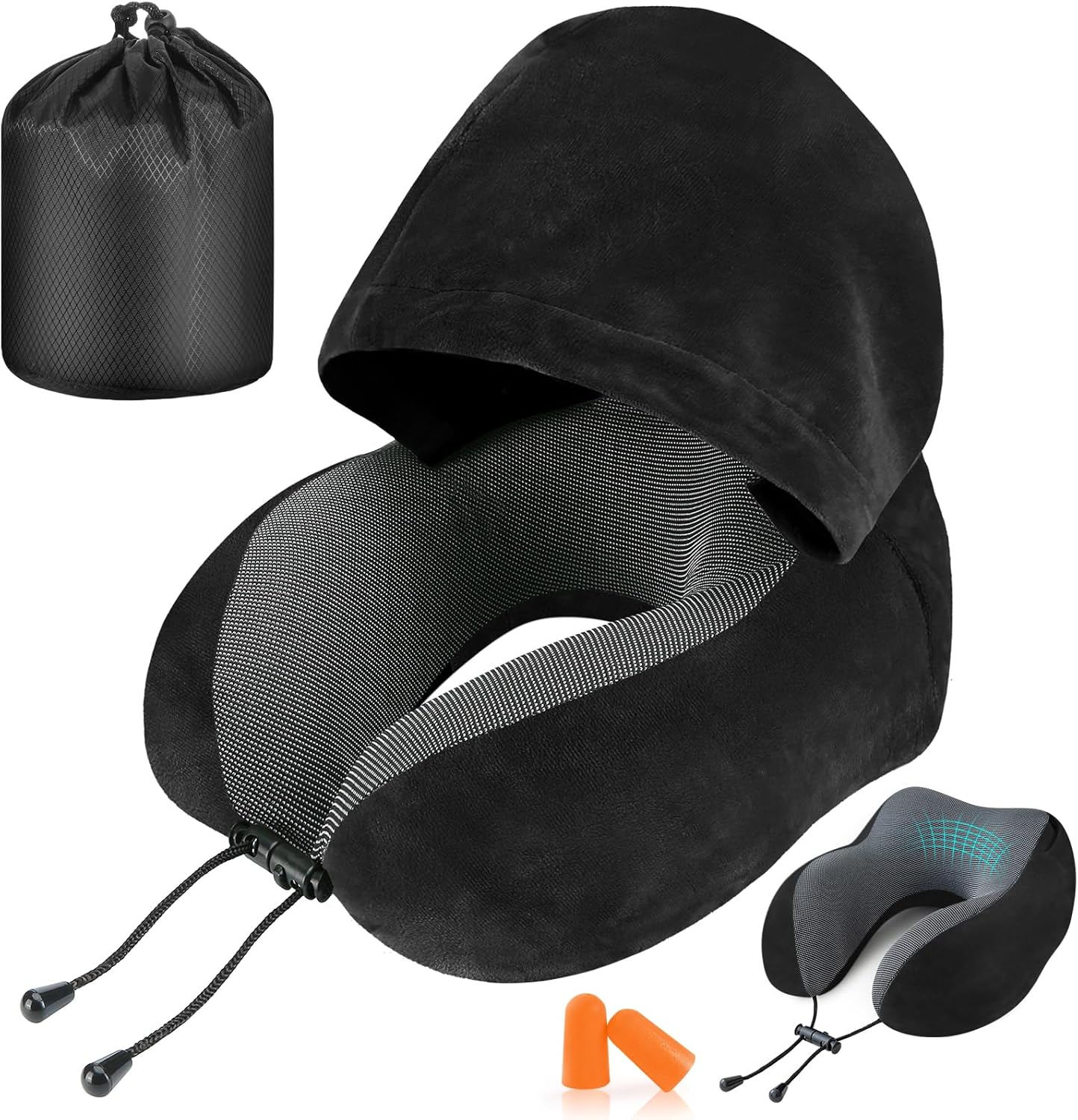 Neck Pillow with Hood for Travel - Velvet Memory Foam, Adult Head & Neck Support, for Long Flights, Office, Cars, Black