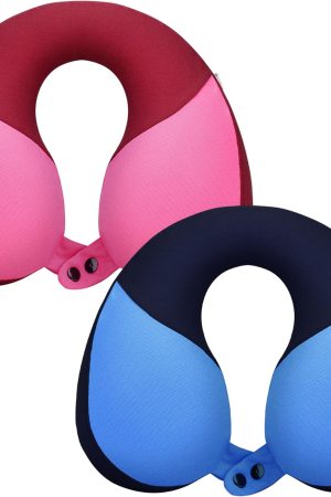 2 Pack Kids Travel Neck Pillow - Soft Double Support for Car & Airplane, Gift for Toddlers & Children, Blue & Pink