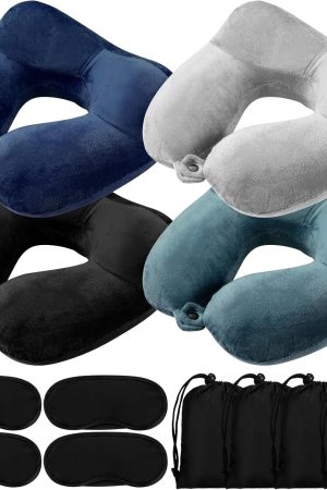4 Sets Inflatable Neck Pillow for Airplanes - with Compact Bag & Blindfold, Velvet, U-Shaped, Multi Colour, 12 x 12 x 5.5 Inch