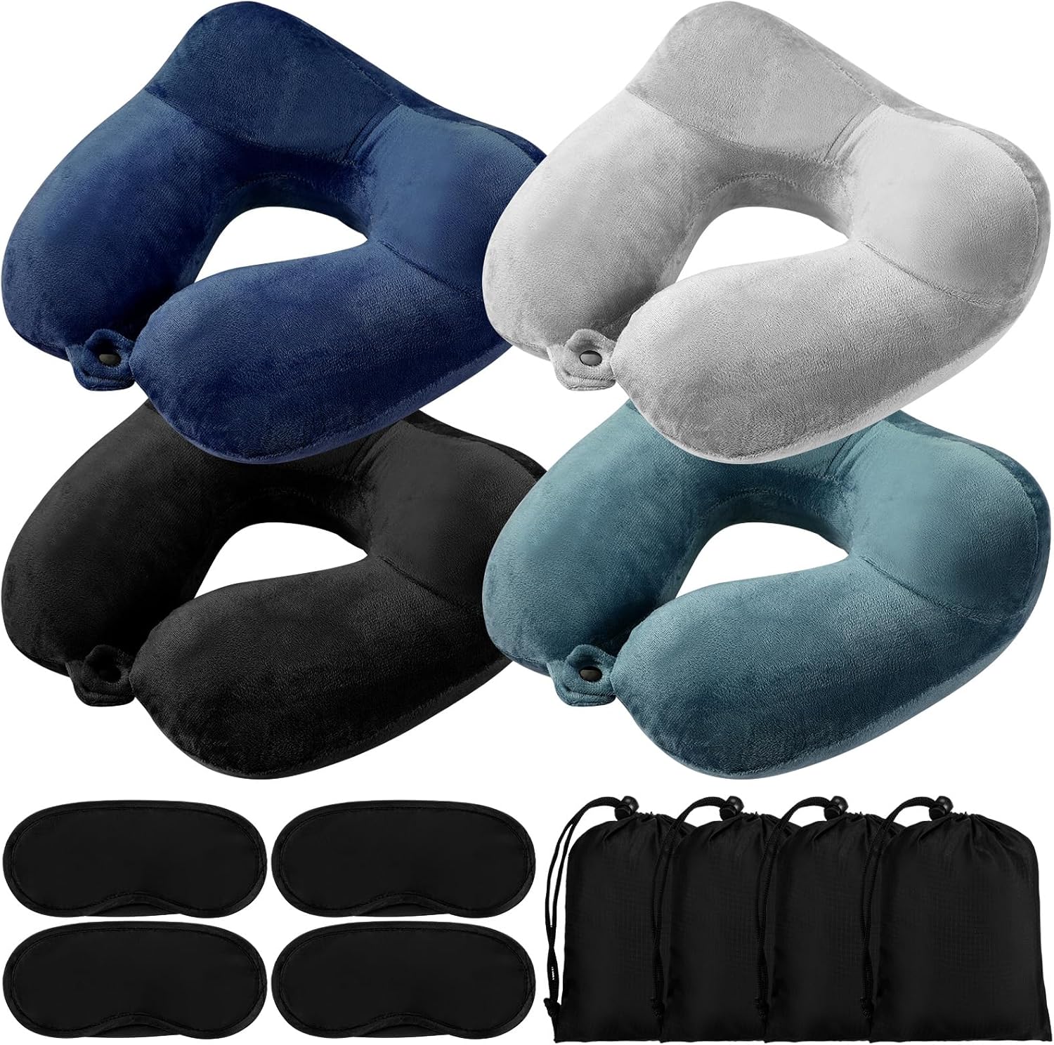 4 Sets Inflatable Neck Pillow for Airplanes - with Compact Bag & Blindfold, Velvet, U-Shaped, Multi Colour, 12 x 12 x 5.5 Inch