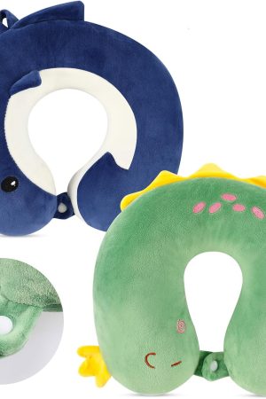 2 Pack U-Shaped Neck Pillow - Soft Neck, Head & Chin Support, Dinosaur & Shark Design for Airplane & Car