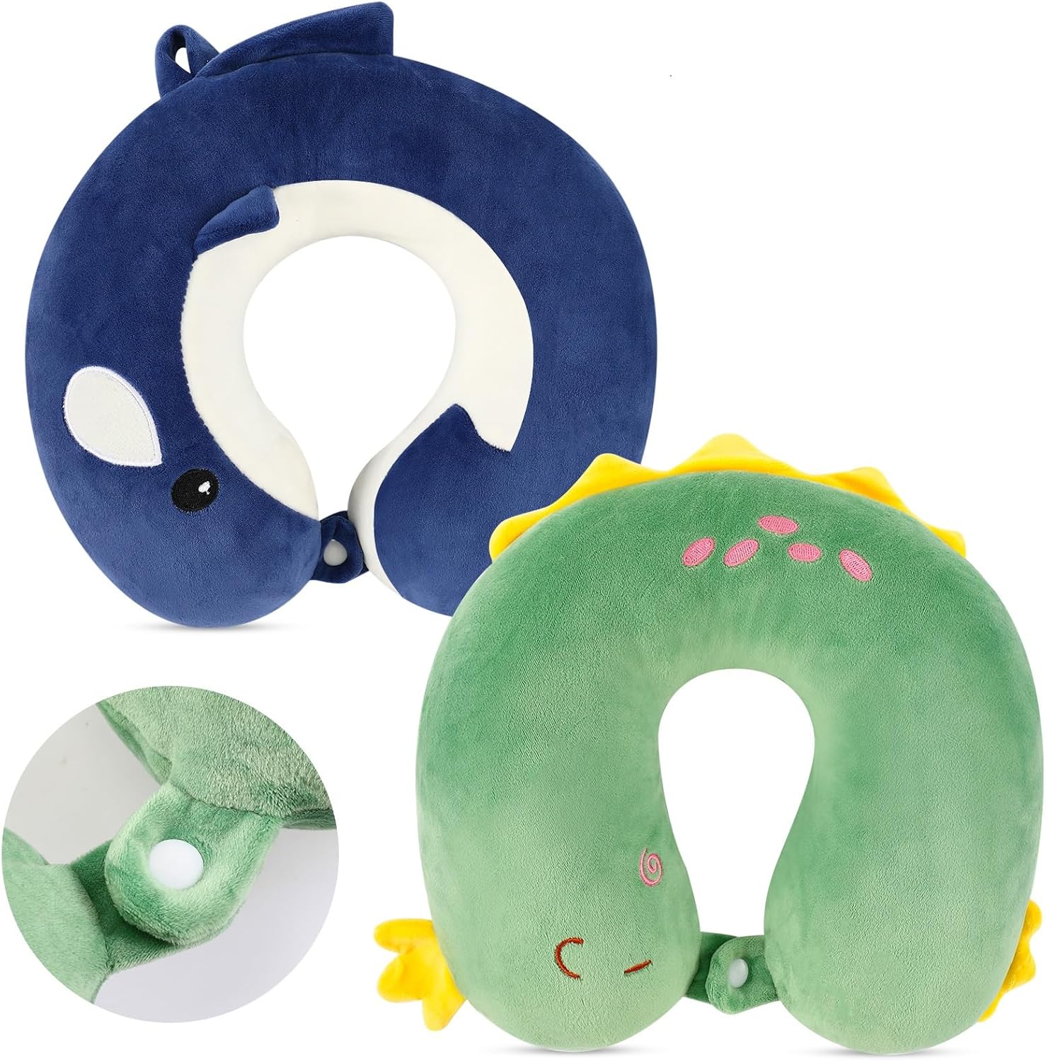 2 Pack U-Shaped Neck Pillow - Soft Neck, Head & Chin Support, Dinosaur & Shark Design for Airplane & Car
