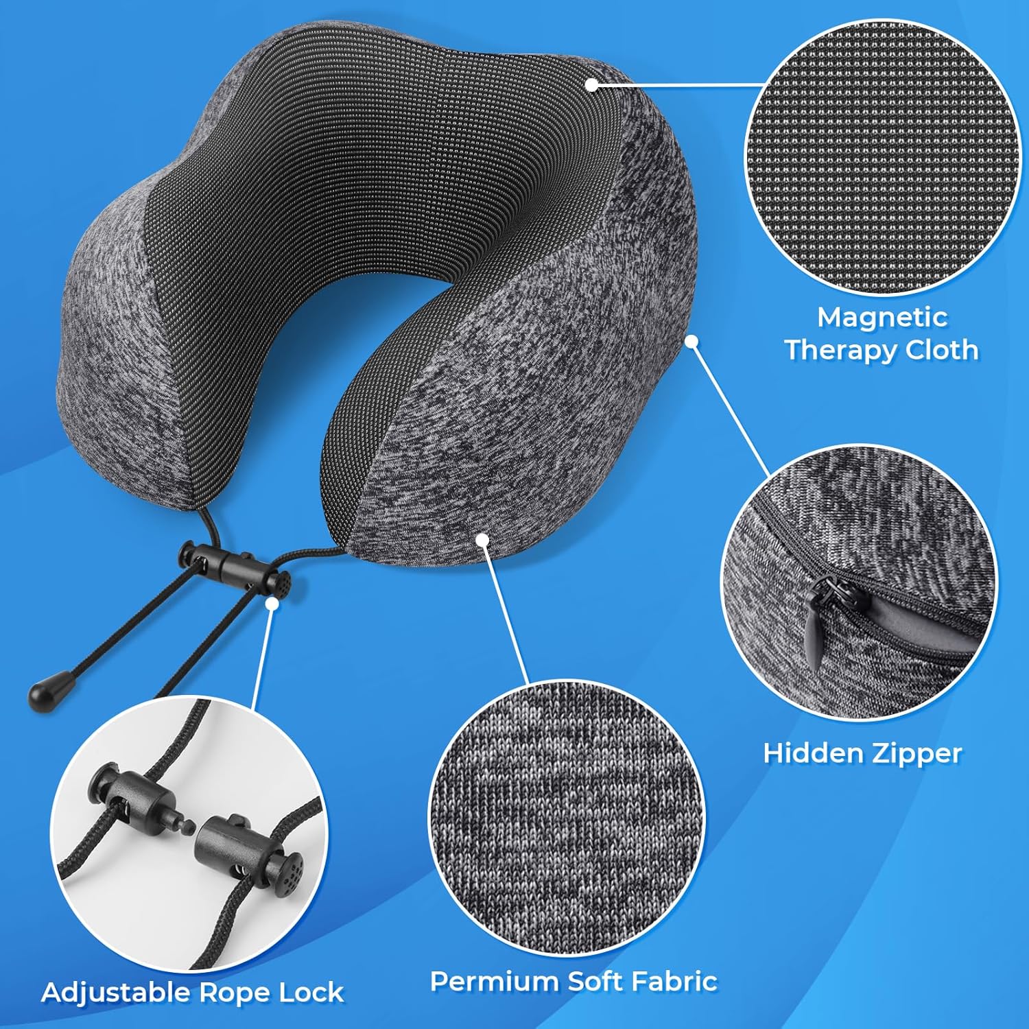 Travel Neck Pillow with Removable Cover - Adjustable Clasp, Memory Foam, Set with Eye Mask, Earplugs & Storage Bag, Dark Grey - Image 2