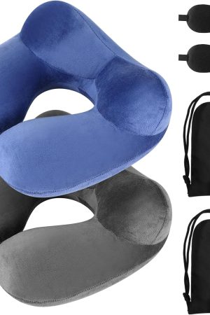 2 Pack Inflatable Neck Pillow - with Compact Bag & Blindfold, Velvet, Washable, for Airplanes & Car Travel, Grey & Blue, Kids & Adults