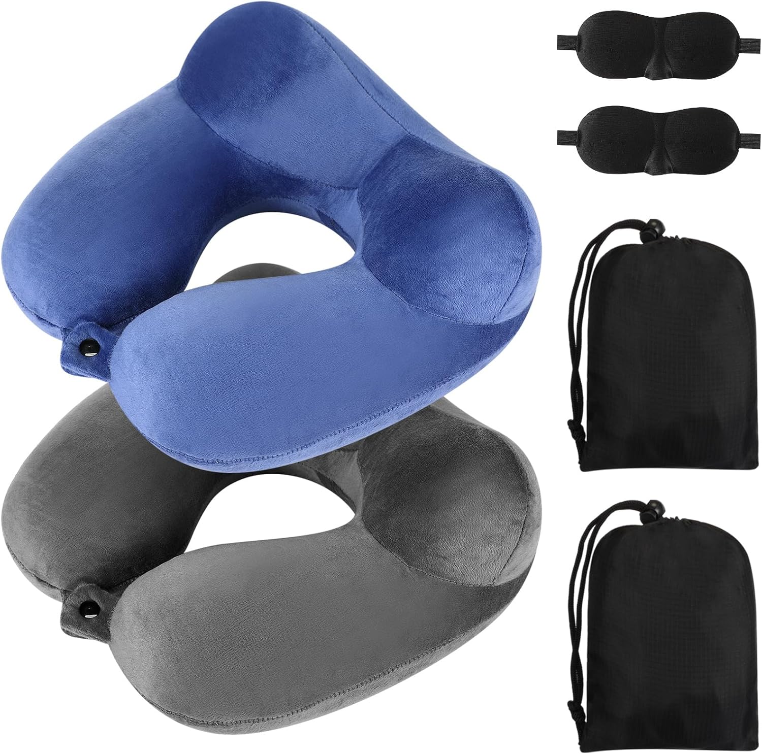 2 Pack Inflatable Neck Pillow - with Compact Bag & Blindfold, Velvet, Washable, for Airplanes & Car Travel, Grey & Blue, Kids & Adults