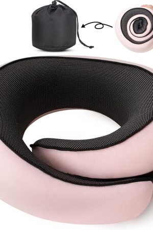 100% Memory Foam Travel Neck Pillow - for Airplane & Car, 360?? Head Support, Breathable, Pink