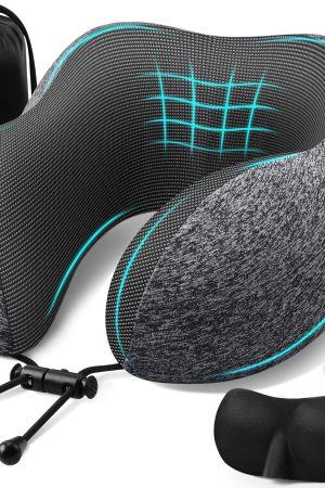 Travel Neck Pillow with Removable Cover - Adjustable Clasp, Memory Foam, Set with Eye Mask, Earplugs & Storage Bag, Dark Grey