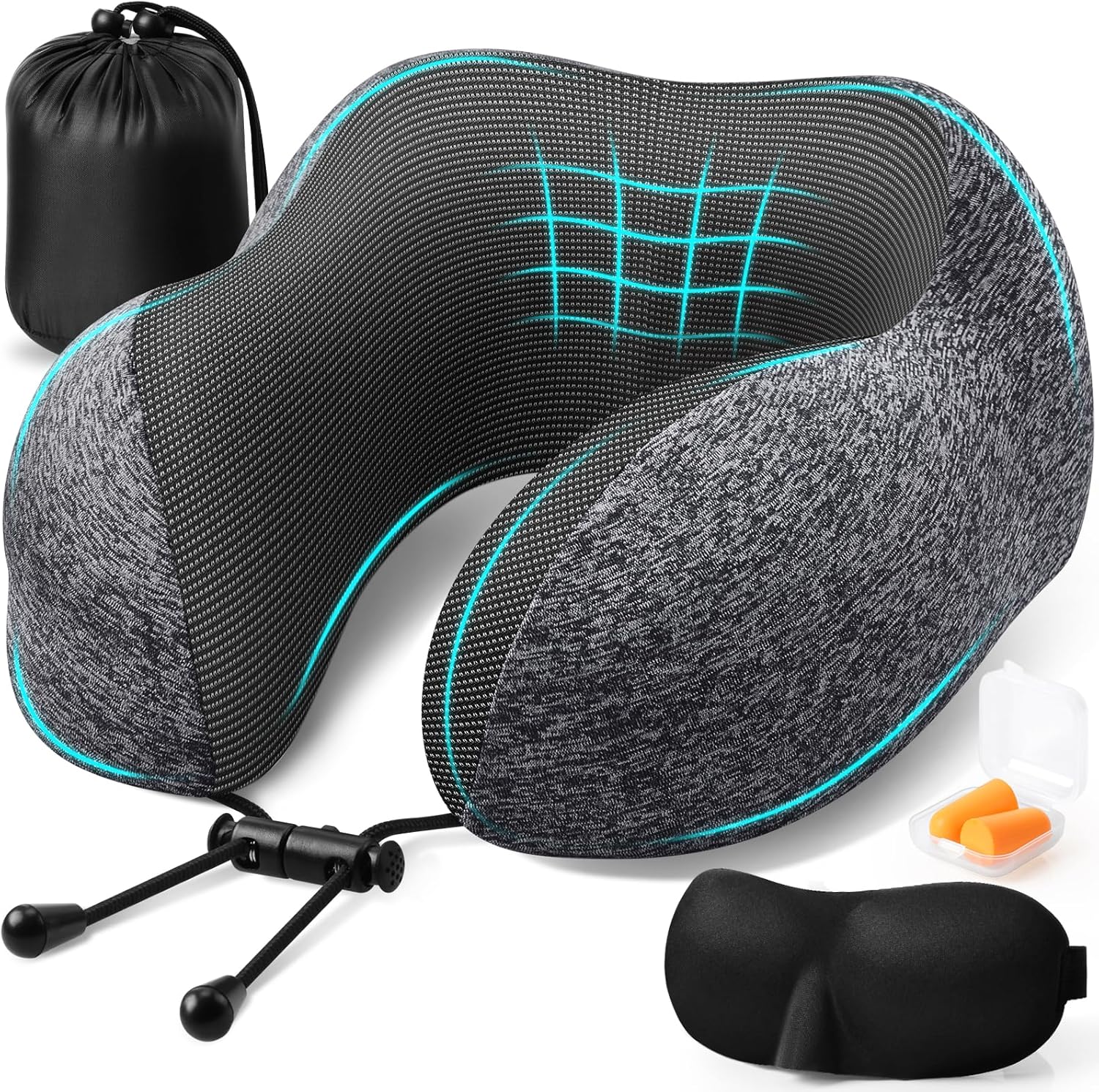 Travel Neck Pillow with Removable Cover - Adjustable Clasp, Memory Foam, Set with Eye Mask, Earplugs & Storage Bag, Dark Grey